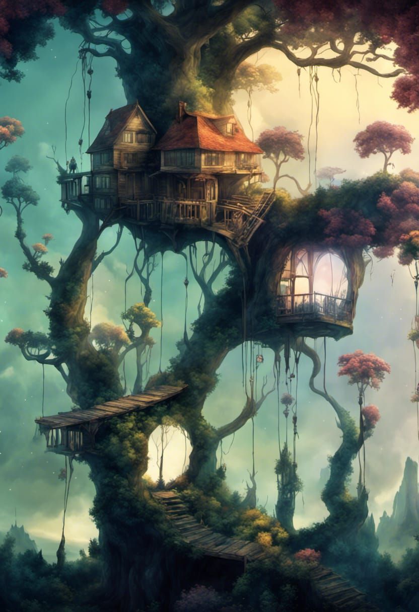 Flowery Treehouse Garden with Impossible Architecture