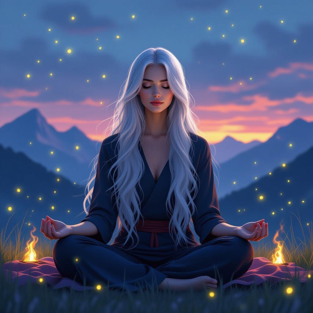 Ethereal Woman Meditating Under Twilight Sky