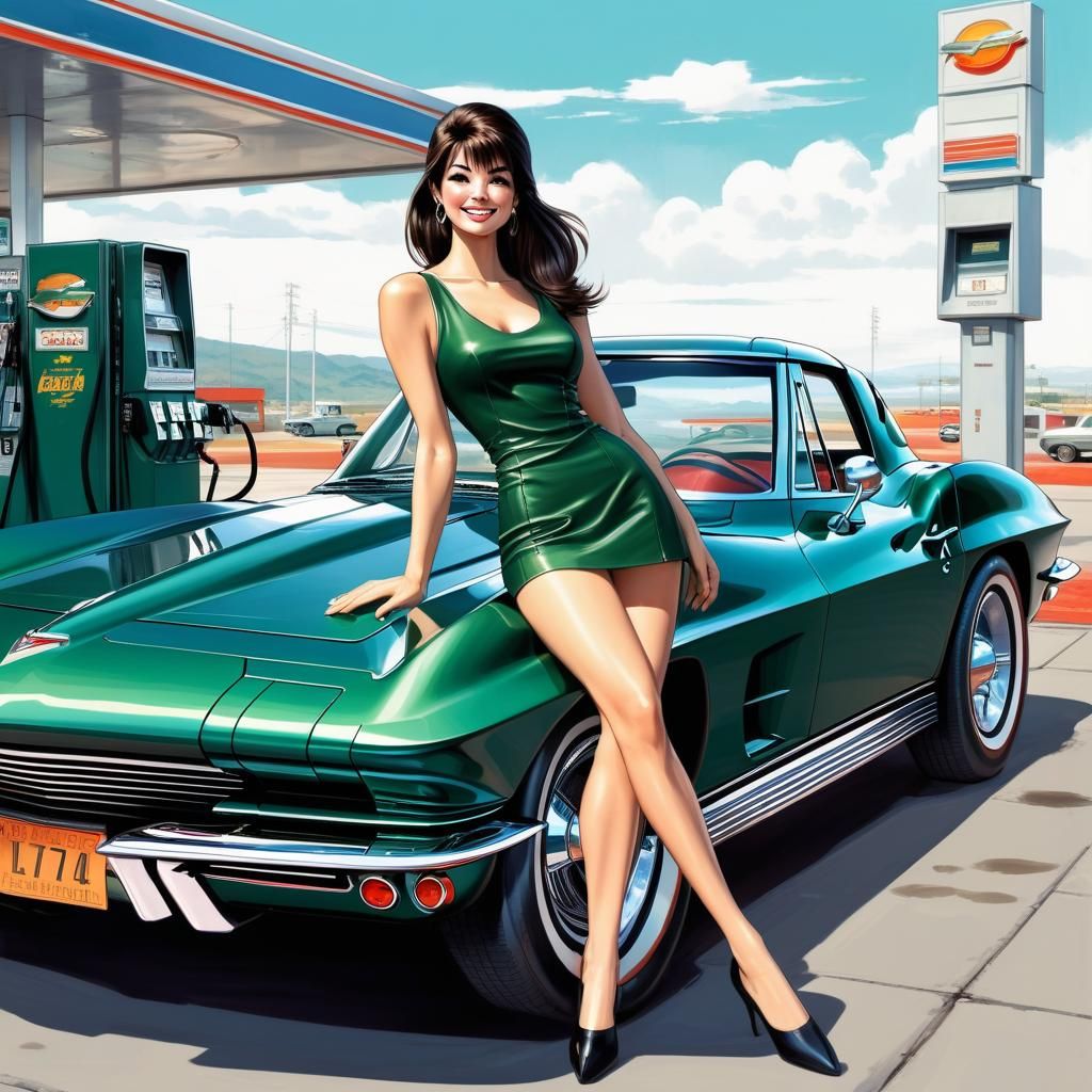 Brunette with 1967 Corvette in Comic Book Style