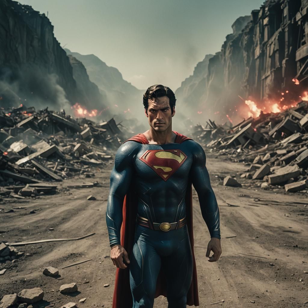 Superman with Red Eyes in Cinematic Style