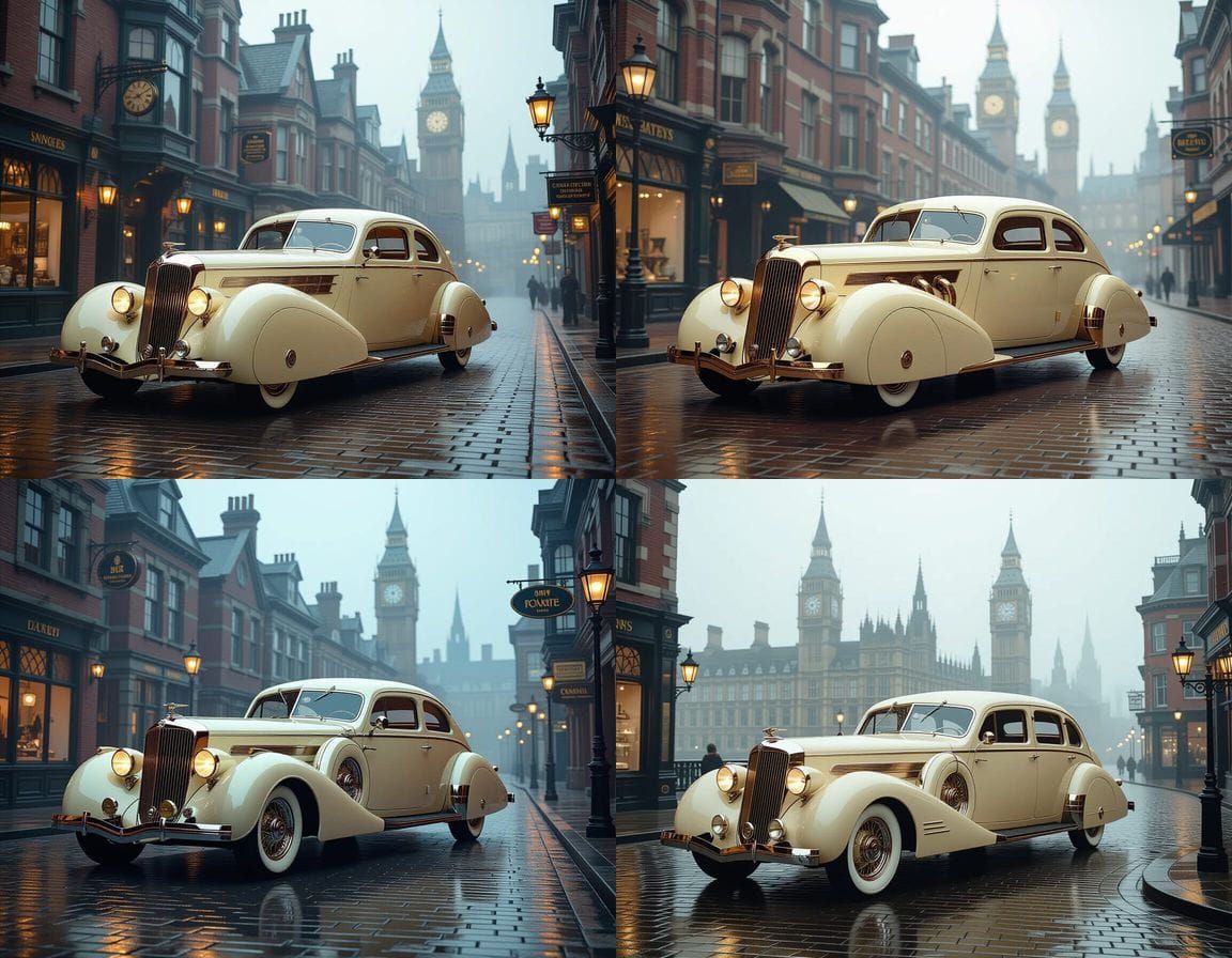 Elegant 1936 Steampunk Sedan in Foggy Victorian City