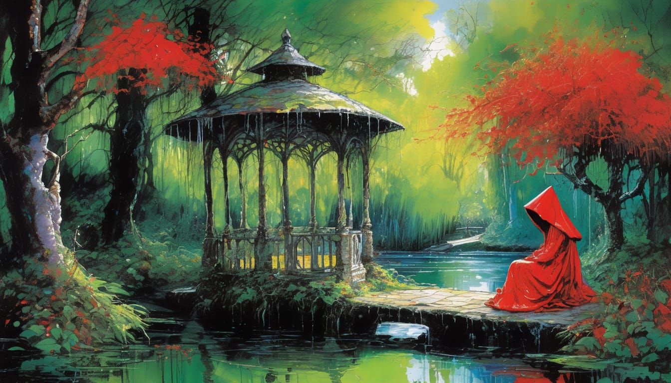 Figure in Red Gown by Enchanted Pond