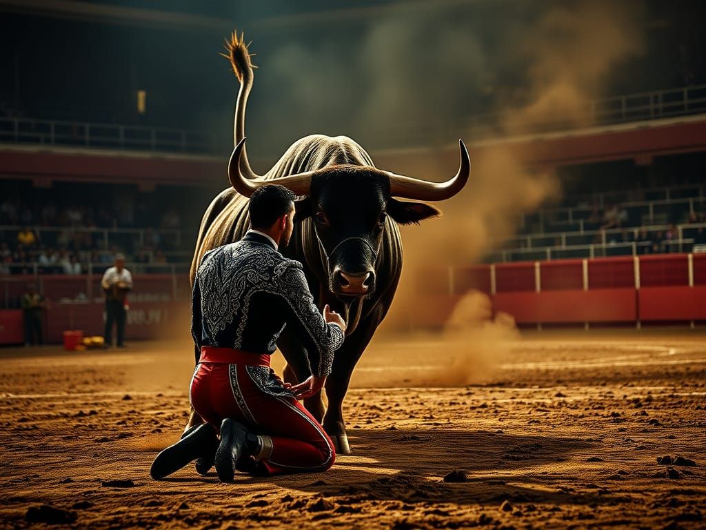 Matador in Intimate Battle with Raging Bull