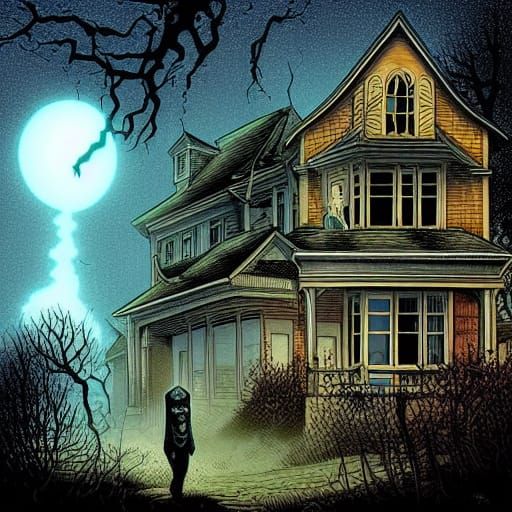 Charming Scary Ghost Behind Abandoned House: Comic Book Art