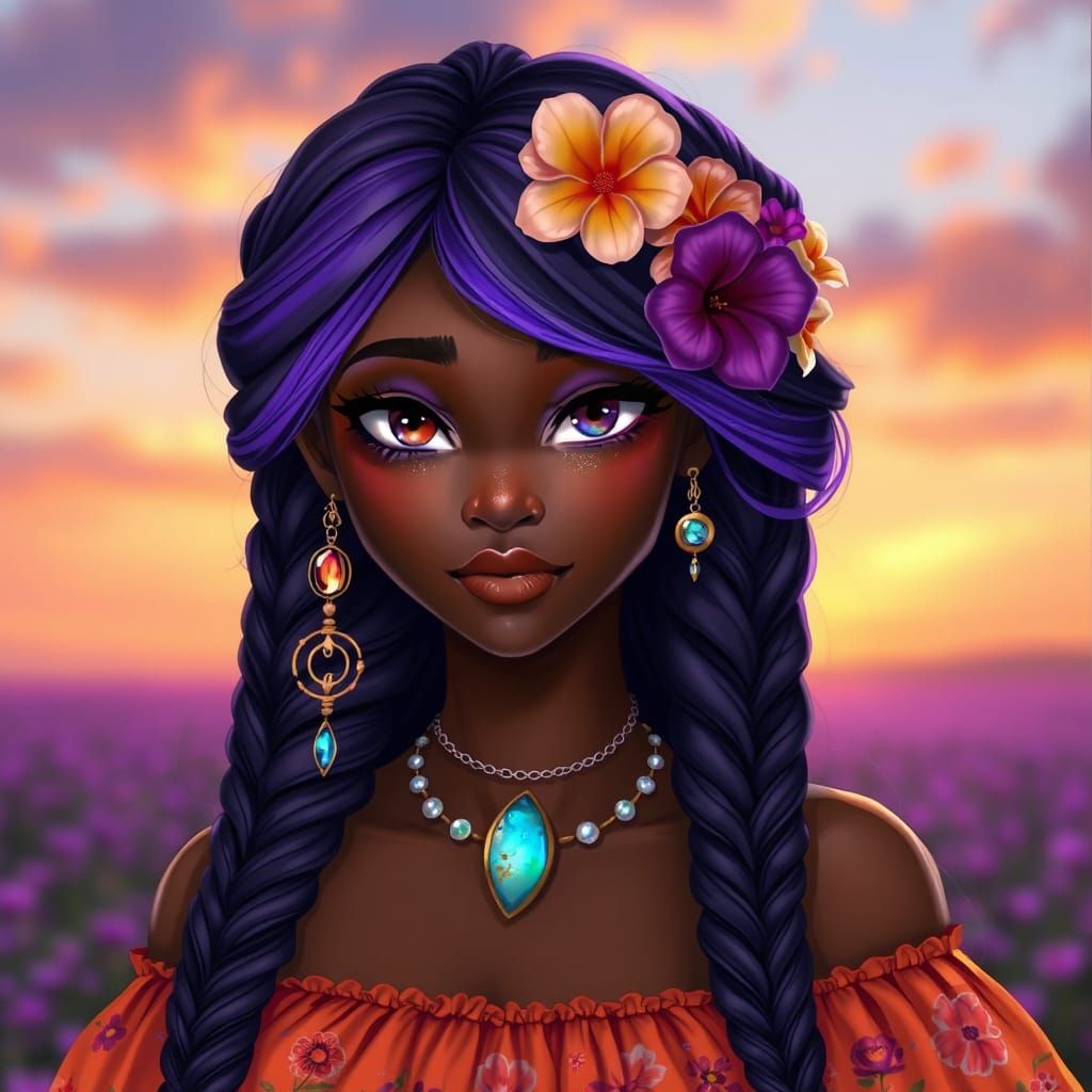 Whimsical Brown Skin Goddess in Sunset Meadow
