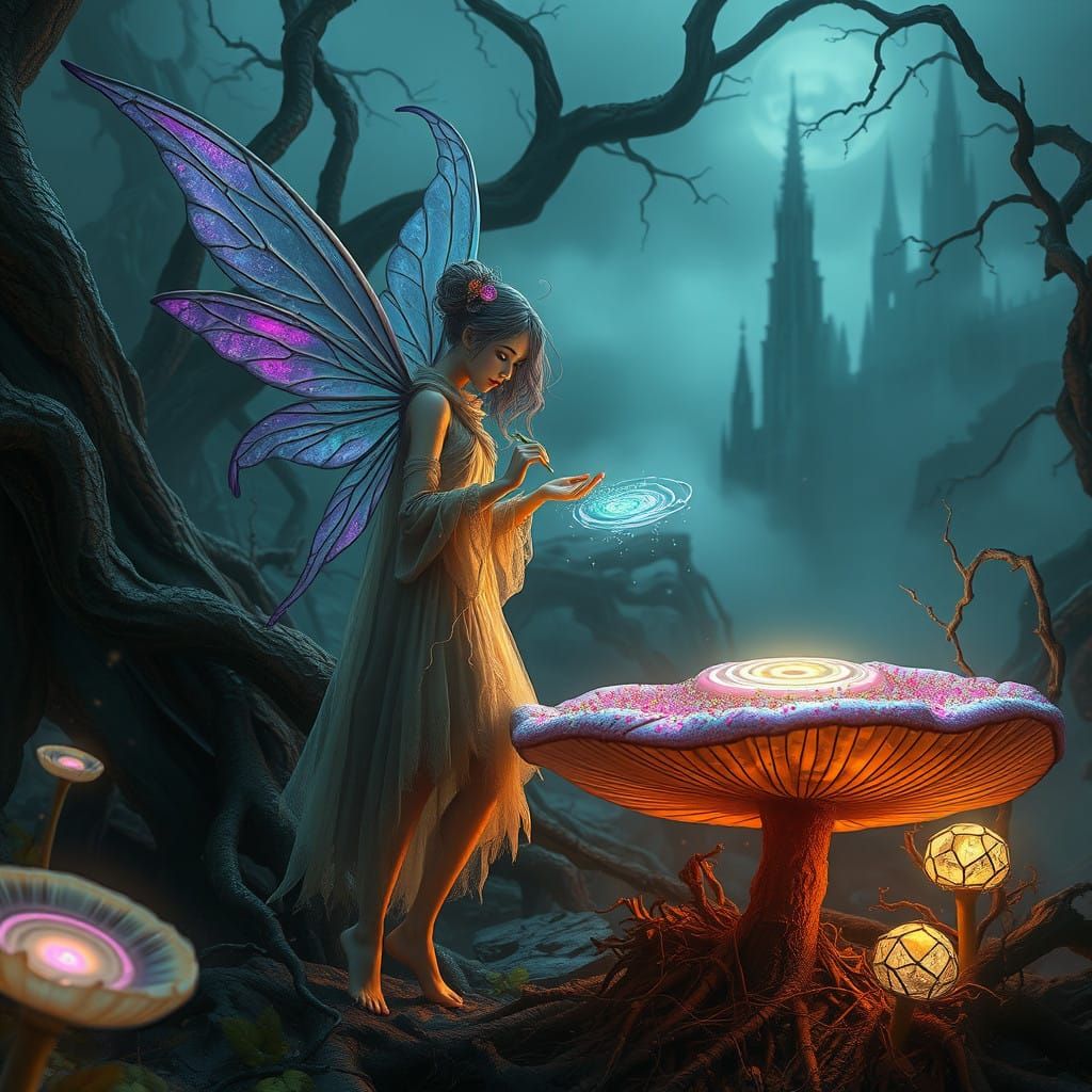 Ethereal Fairy Collects Iridescent Pollen in a Gothic Dreams...