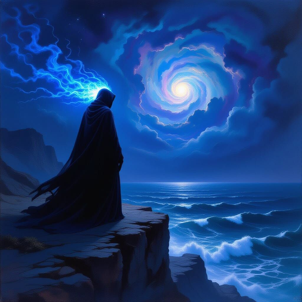Figure of Blue Flames on Cliff Overlooking Sea