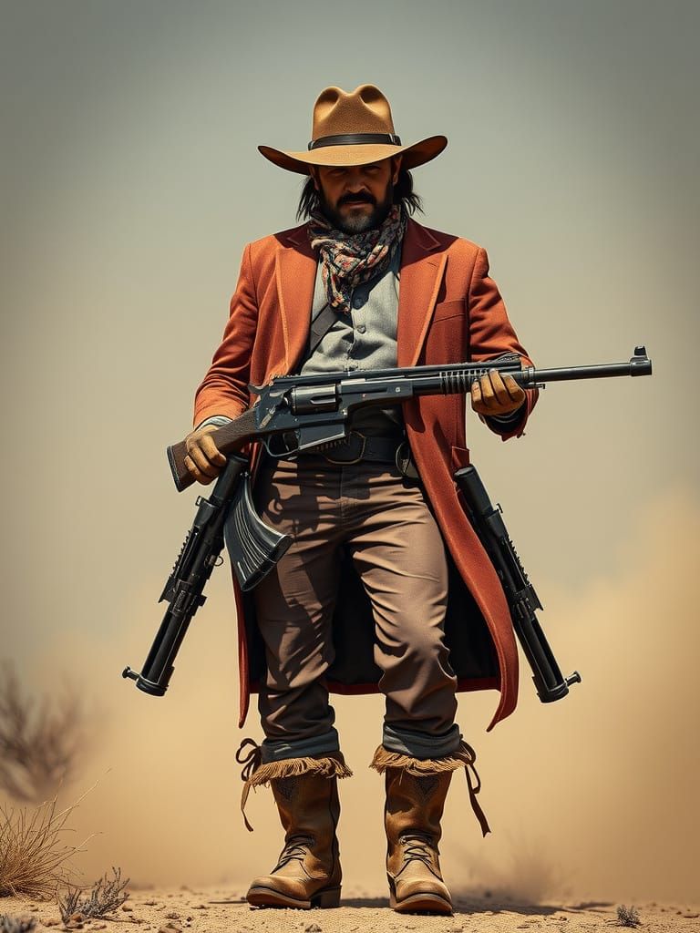 Cowboy with Gatling Guns in Gritty, High-Contrast Style