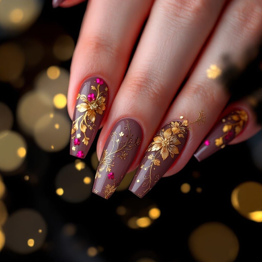 Whimsical Nail Art in Magenta, Gold, and Mocha