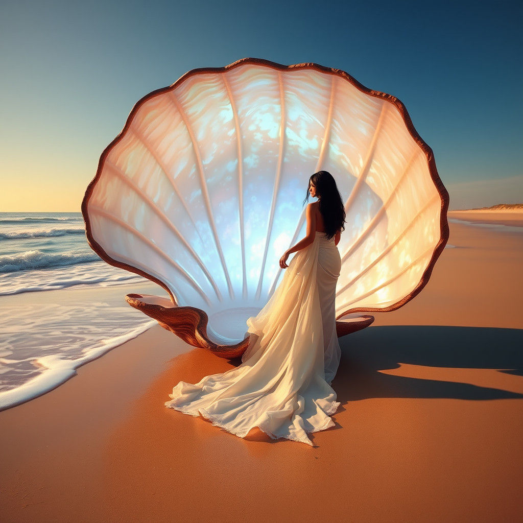 Ethereal Goddess Emerges from Glowing Clam Shell on Beach