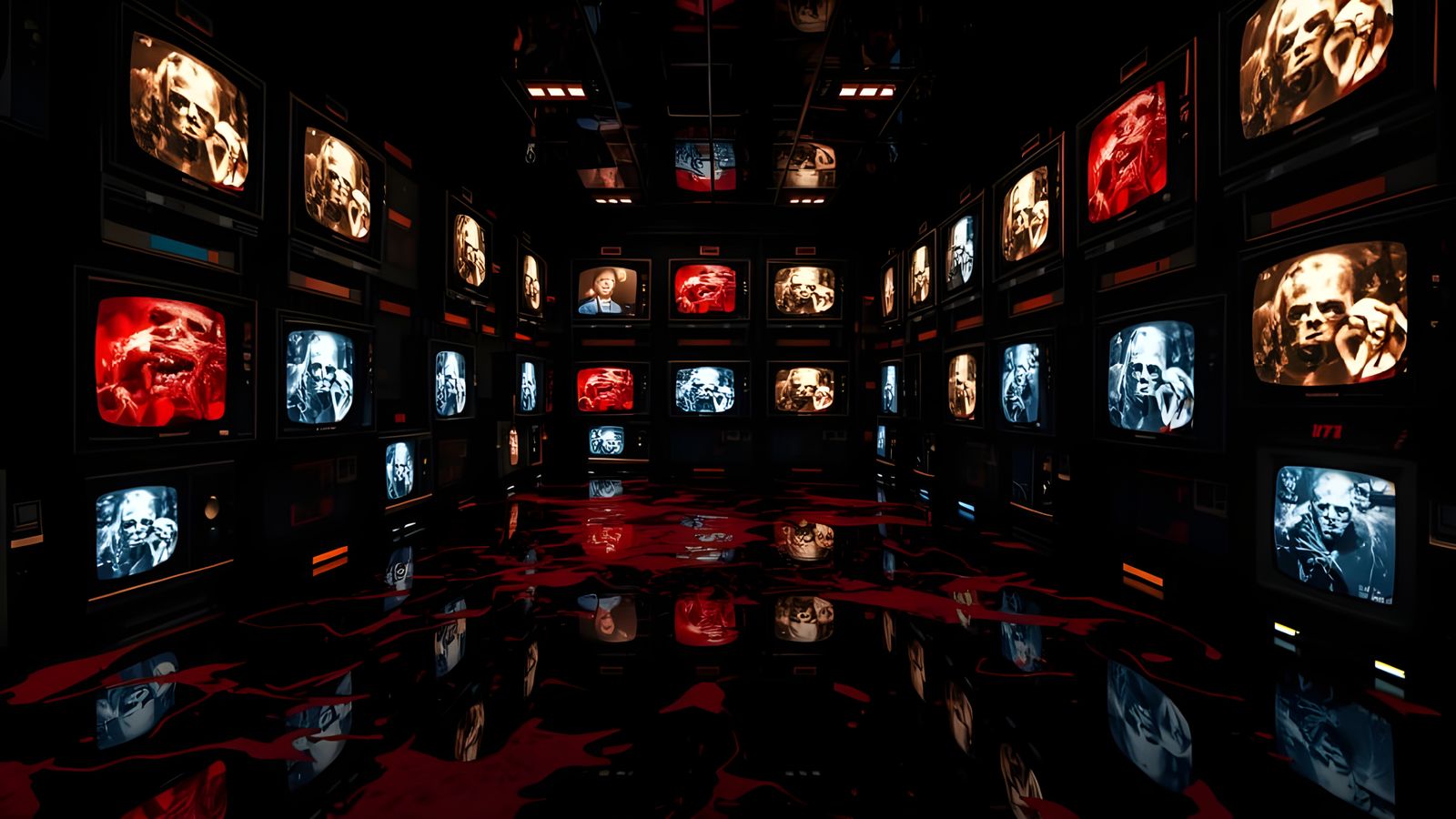Horrific TV Wall in Mirrored Room, Hyper-Realism