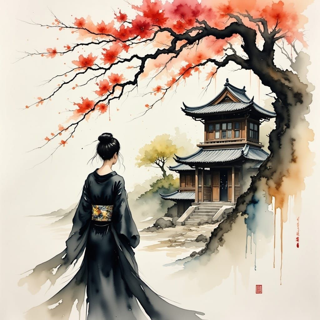 Sumi-e Woman in Kimono with Almond Tree