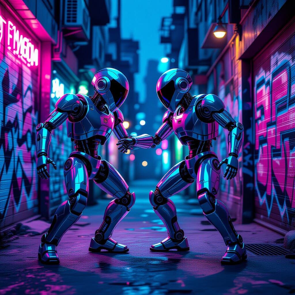 Robots Breakdancing in Neon Alleyway