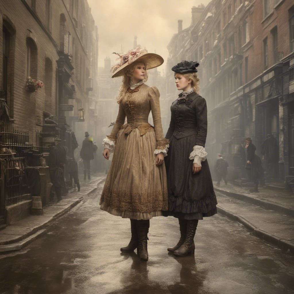 Victorian Women in Misty London Street, Hyperrealistic Splas...