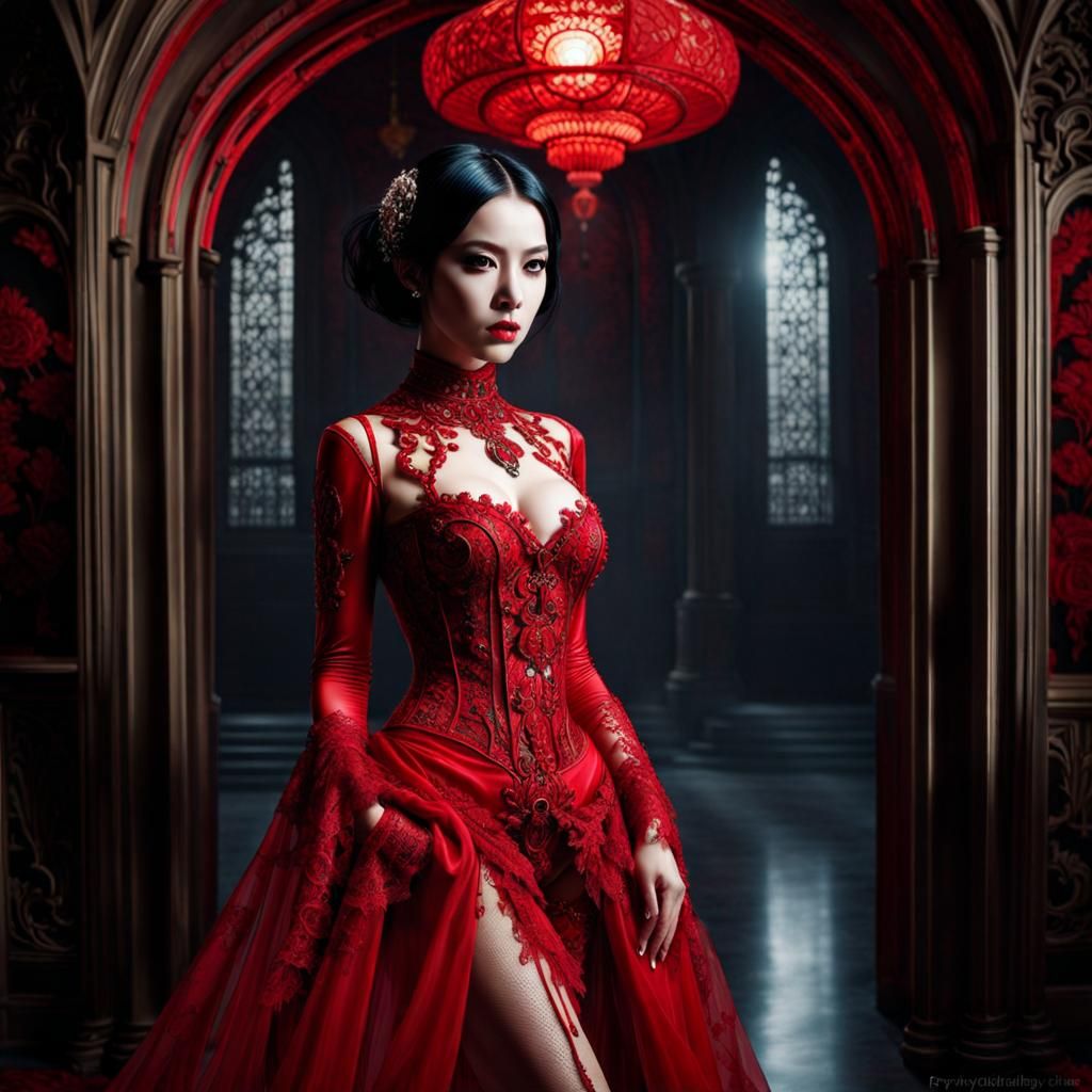 Gothic Portrait of Korean Woman in Latex Lingerie