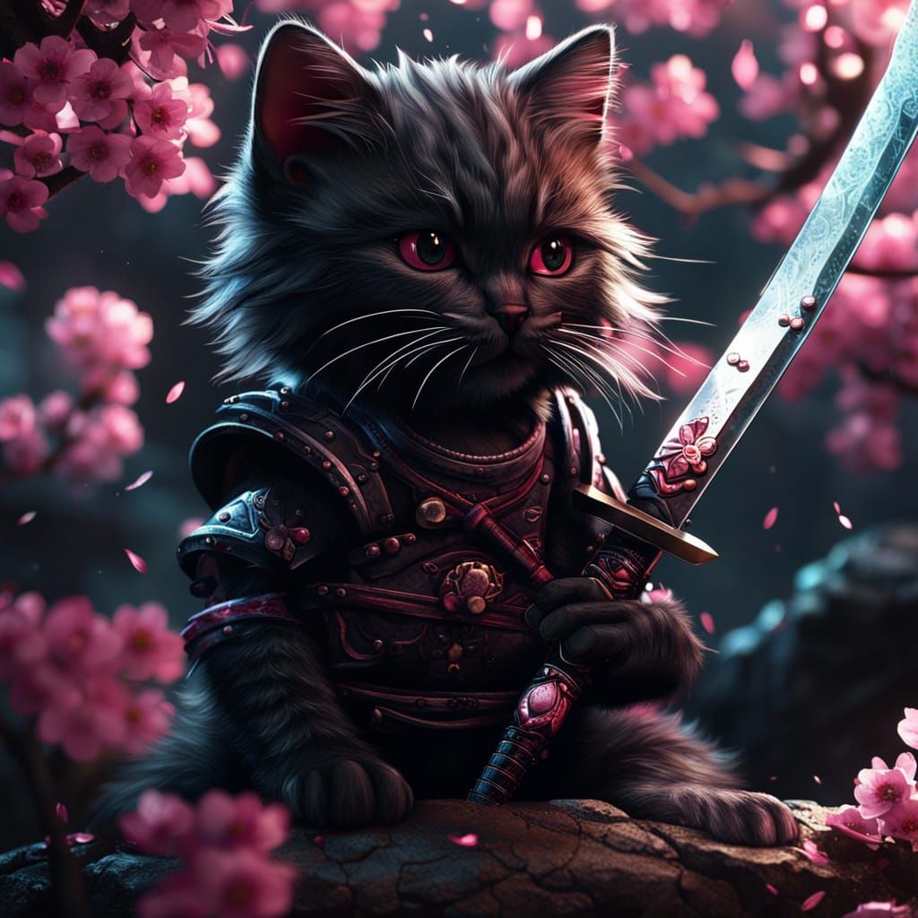 Cherry Blossom Kitten with Katana: Fantasy Concept Art