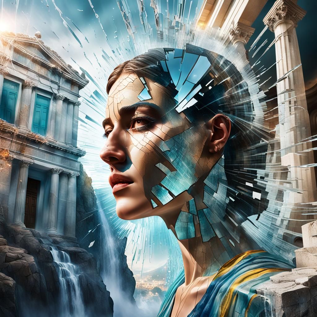 Shattered Reflection: Double Exposure Waterfall Portrait