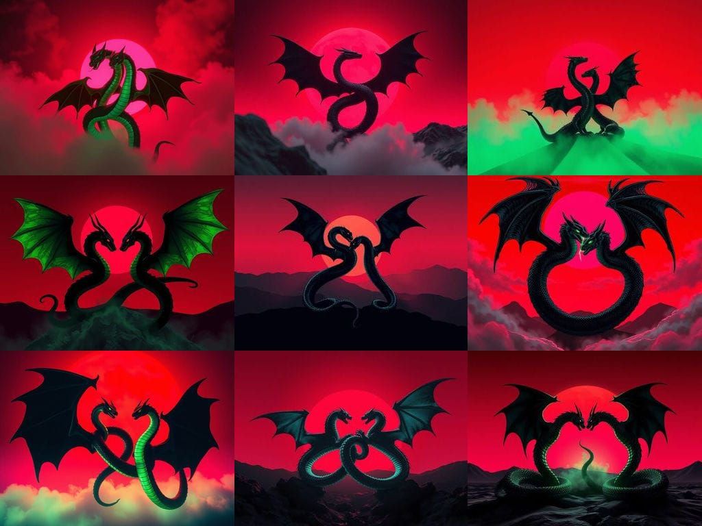 Two black plated evil sleek winged serpents intertwined in t...