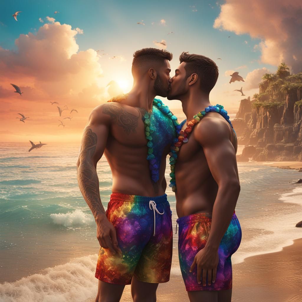 Gay Men Kissing on Beach in Pride Swimsuits