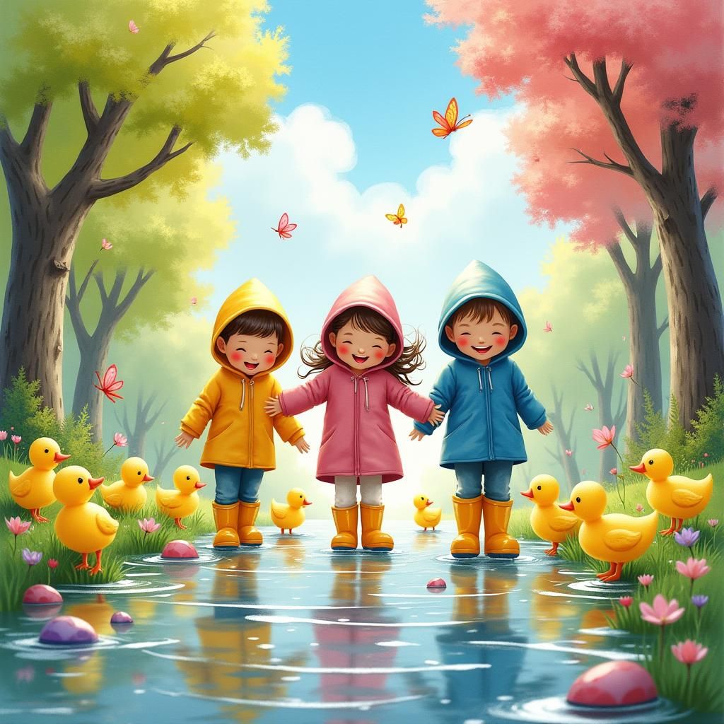 Children Playing in Puddles, Watercolor Illustration