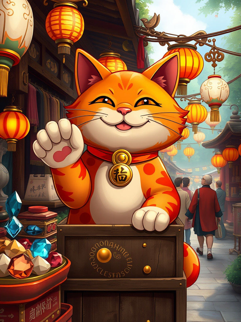 Smiling Maneki Neko in a Fantasy Marketplace