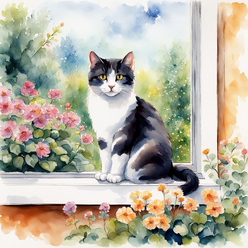 Cat Contemplates Garden View in Watercolor Style