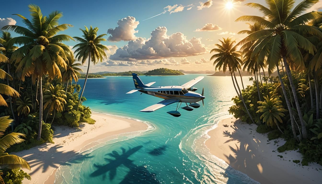 Tropical Island Seaplane in Vibrant Digital Art