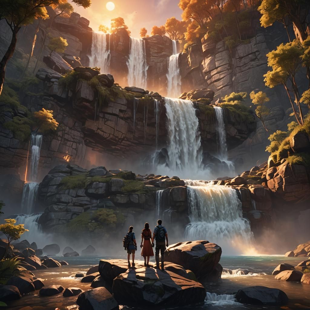 Sunset Waterfall Couple in 3D Game Style