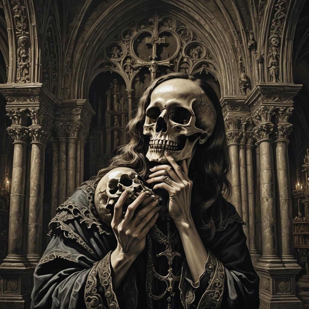 Gothic Church: Woman with Skull in Dark Romanticism Style