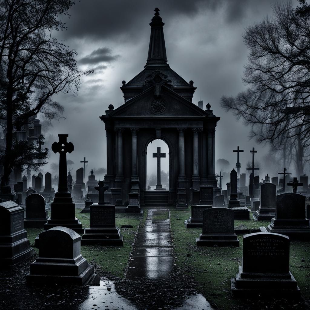 Rainy Desolate Cemetery Scene