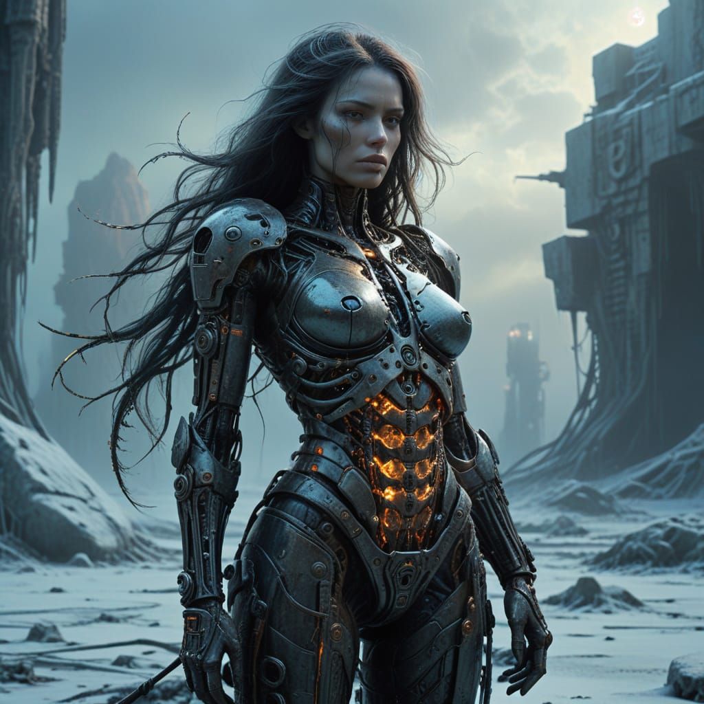 Cyborg Warrior in Frosty Wasteland, in a Dark Fantasy Aesthe...
