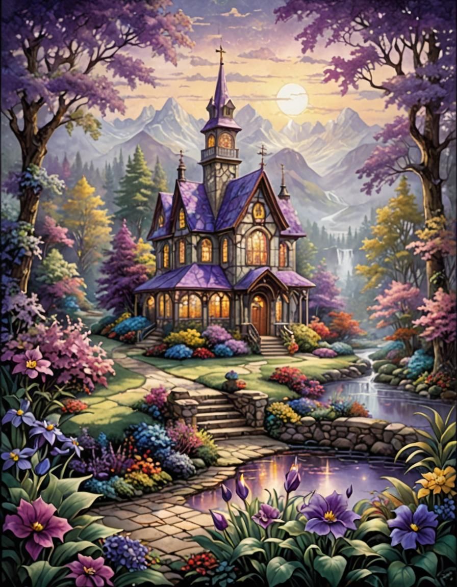 Ethereal Stained Glass Violet Flower in Mist