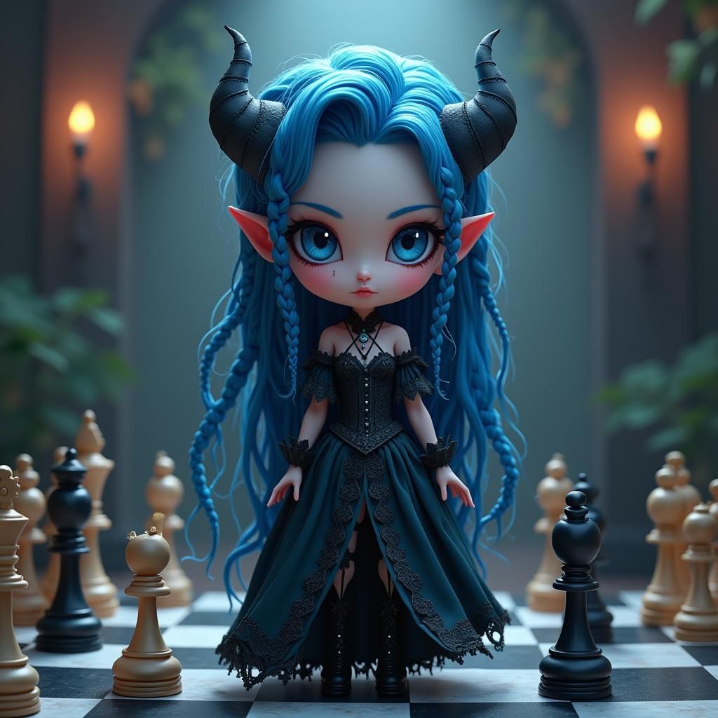 Chibi Fae Chess Queen in Gothic Anime Style