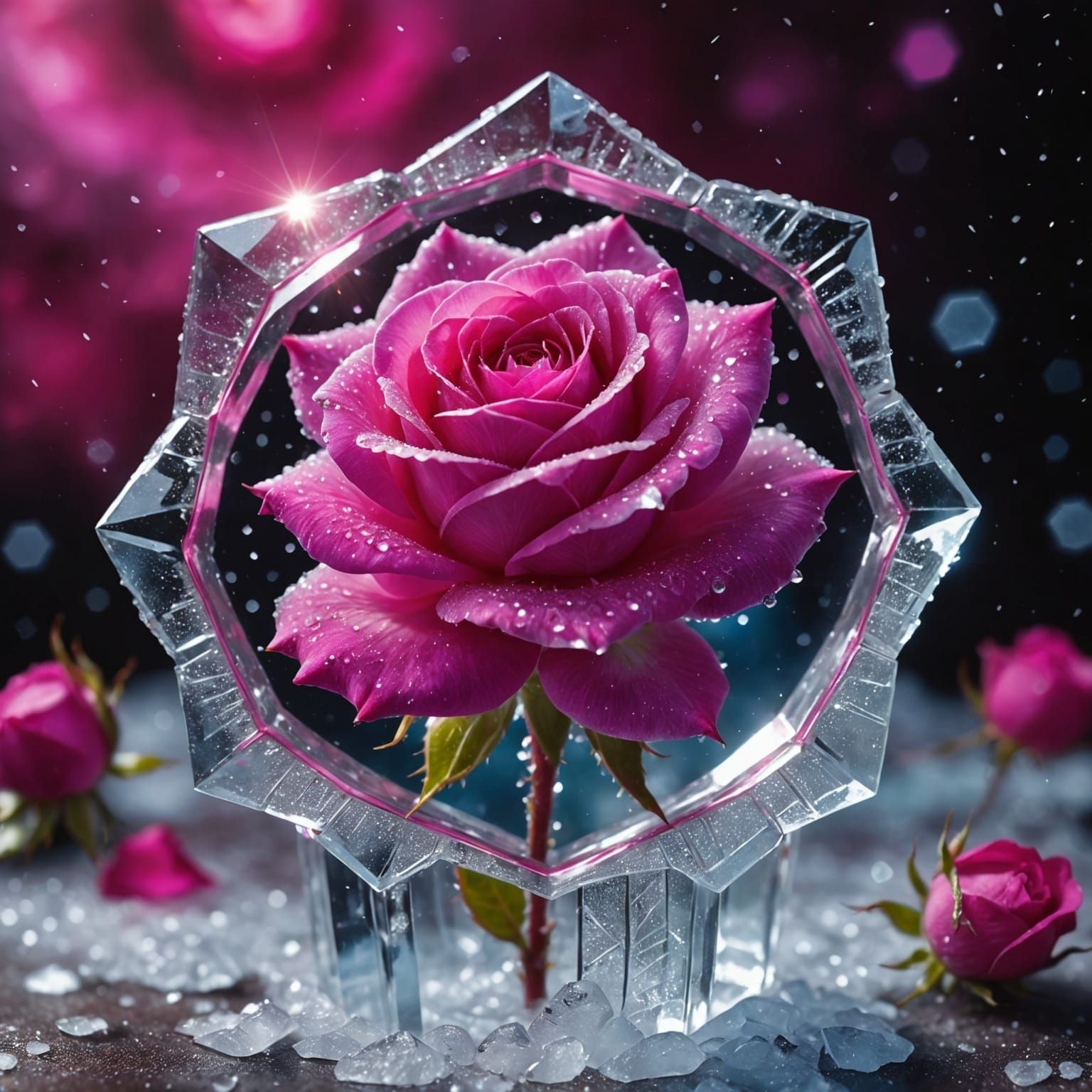 Vibrant Rose Frozen in Cosmic Ice Crystal
