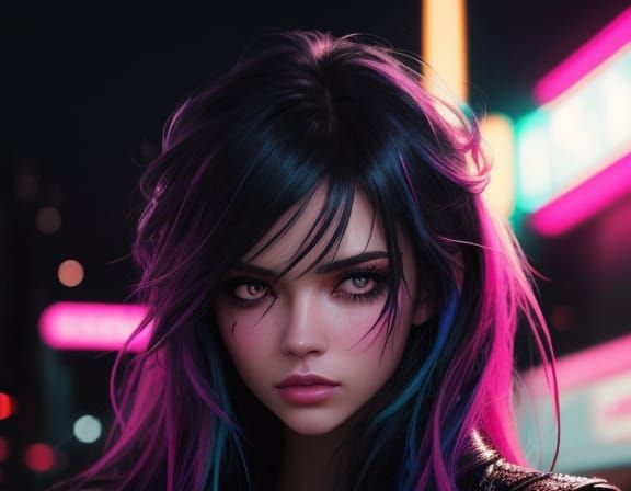 Girl with Neon Cityscape and Glitter Tears, Vibrant Oil Pain...