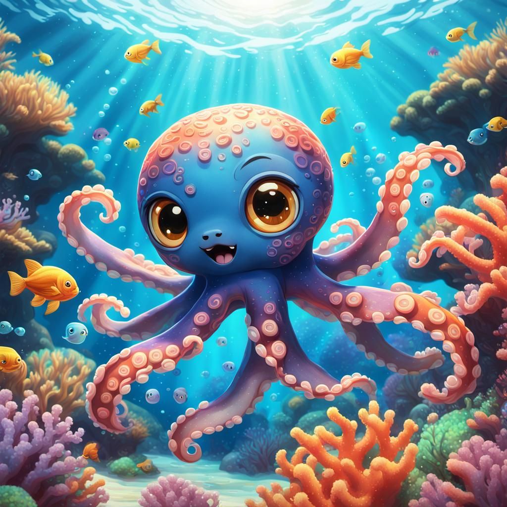 Octopus Puppy Chasing Fish in Coral Reef