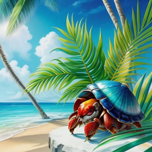 Colorful Hermit Crab in Coconut Shell, Watercolor Art