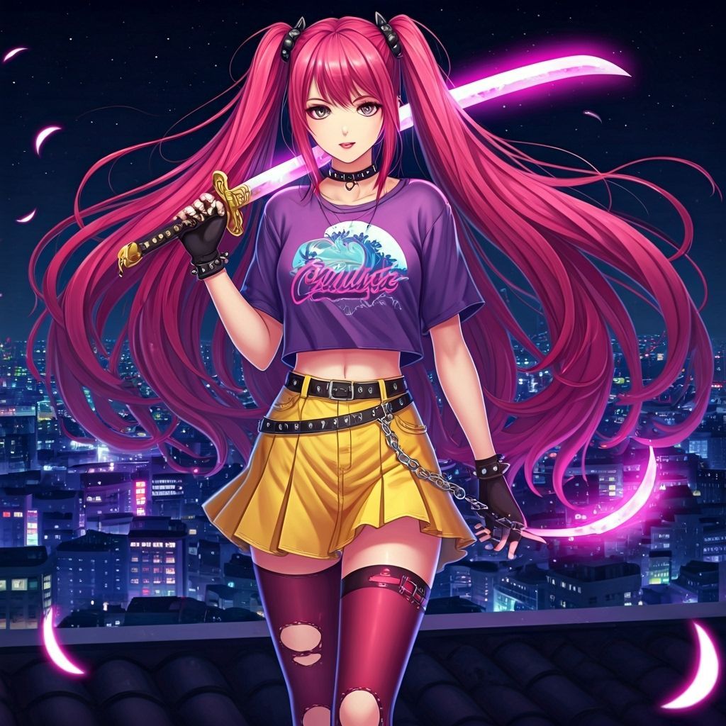 Anime Girl with Moon Sword on Rooftop at Night
