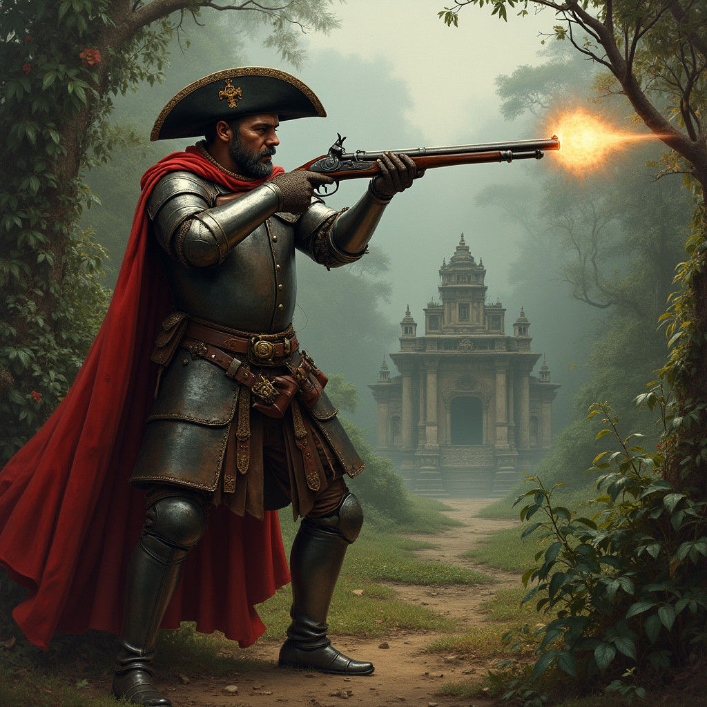 Conquistador Fires Arquebus in Misty Jungle Ruins