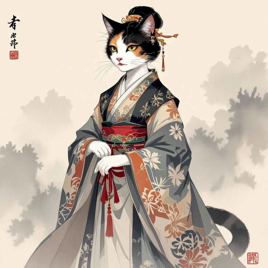 Elegant Calico Cat Noble in Chinese Watermark Style