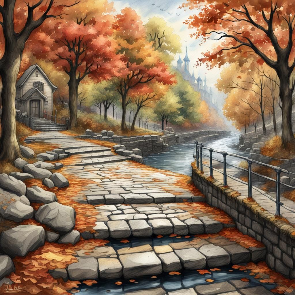 Autumn Creek Scene in Matte Painting Style