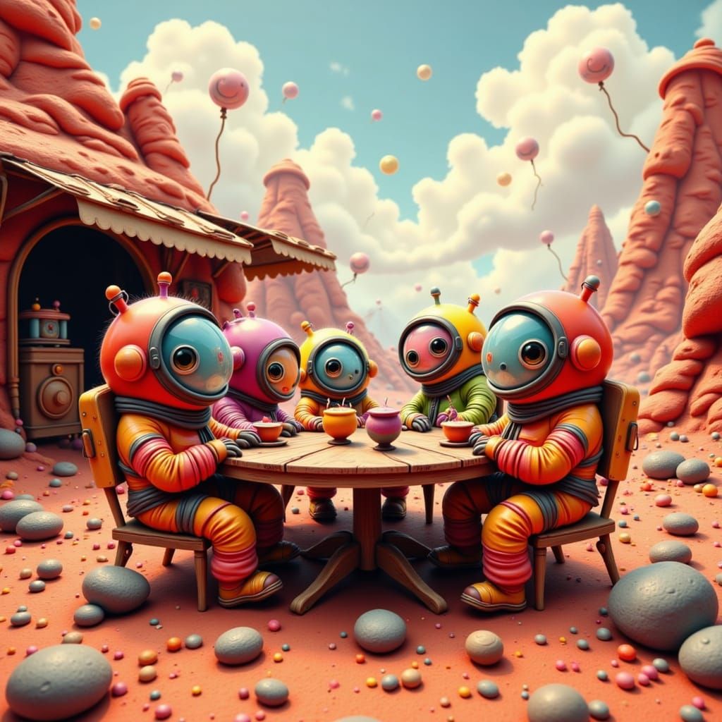 Martian Restaurant Scene with Space Creatures