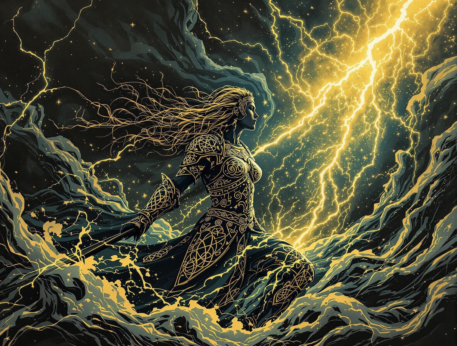 Boudica's Defiance in Woodblock Print Style