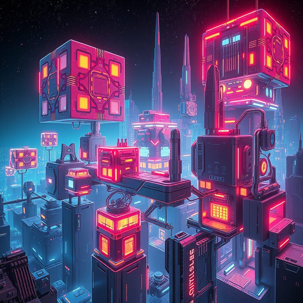 Cyberpunk Cityscape with Luminous Cubes and Holographic Acce...