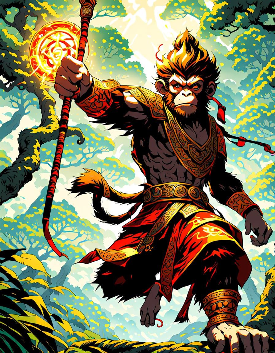 Wukong Trickster God in Dynamic Anime Style