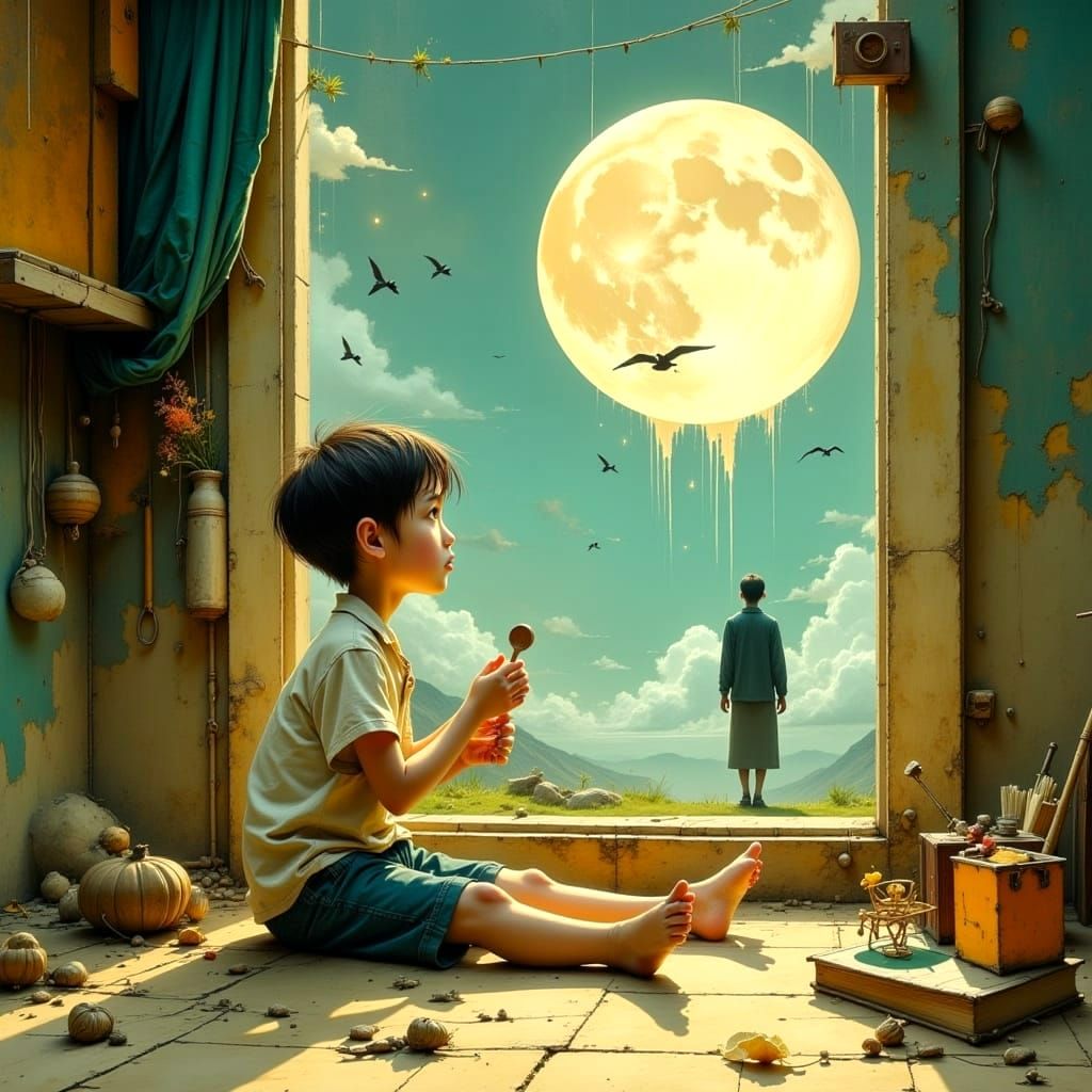 A Melancholic Boy in a Hyperrealistic Scene