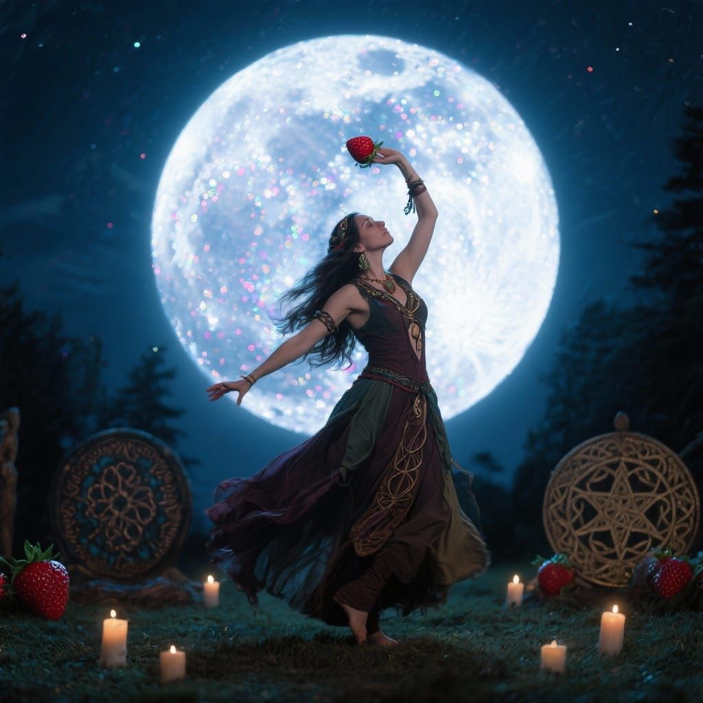Wiccan Druid Dances Under Glittering Strawberry Moon