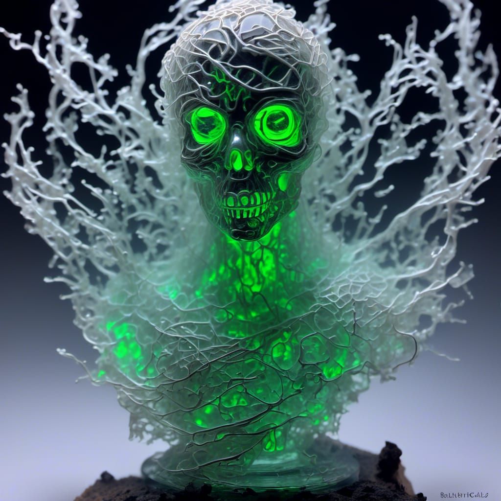 Miniature Ghost in Cracked Glass Head with Neon Runes