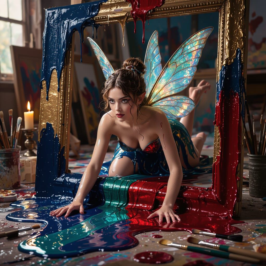 Fairy Emerges From Painted Canvas in Detailed Art Studio