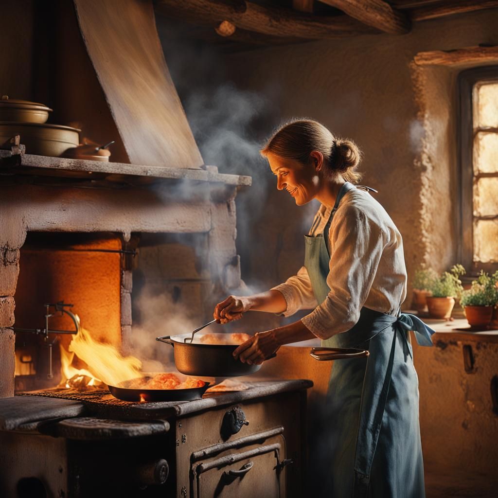 Impressionist Italian Woman Cooking Soffritto